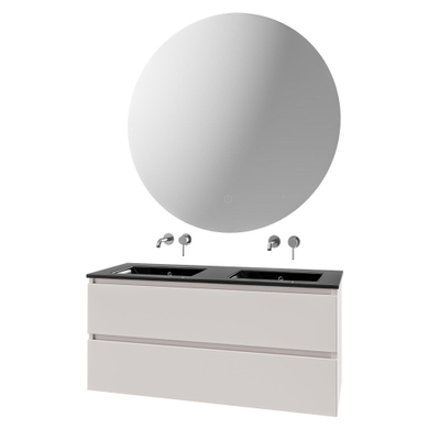 Saniclass Chaci Ensemble meuble de salle de bains - 120x46x55cm - lavabo céramique noir - 2 vasques - sans trous de robinet - 2 tiroirs - miroir rond avec éclairage - cotton mat (beige)