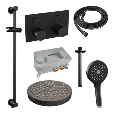 BRAUER Stripe Douche de tête thermostatique encastrée - boutons-poussoirs - SET 36 - pomme de douche 25cm - bras plafond - douchette 3 positions - flexible de douche - barre coulissante intégrée - noir mat