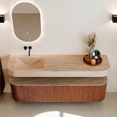 MONDIAZ THOR-DLUX 170cm meuble de salle de bains arrondi gauche + droite couleur Ruby avec 1 tiroir et 2 portes. Vasque suspendue CLOUD Gauche sans trou de robinet couleur Saba.