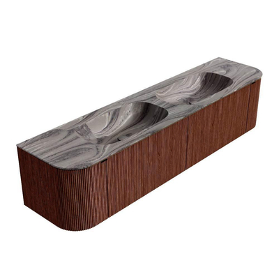 MONDIAZ KURVE-DLUX Meuble de salle de bains 190cm arrondi Gauche + Droite couleur Ruby avec 2 tiroirs et 2 portes. Lavabo STOR SMALL Double sans trou de robinet Sombra.