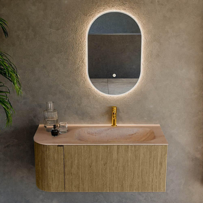 MONDIAZ KURVE-DLUX meuble de salle de bains 105cm courbure gauche couleur Dusk avec 1 tiroir et 1 porte. Vasque BIG SMALL droite 1 trou de robinetterie Saba.
