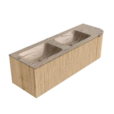 MONDIAZ KURVE-DLUX Meuble de salle de bains 145cm arrondi à droite couleur Chêne avec 1 tiroir et 1 porte. Lavabo LEAF Double / Gauche sans trou de robinet Arena.