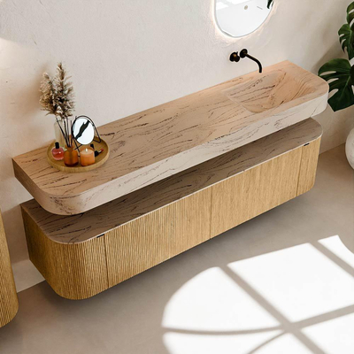 MONDIAZ THOR-DLUX 190cm badmeubel ronding links + rechts kleur Oak met 2 lades en 2 deuren. Vrijhangende wastafel CLOUD Rechts zonder kraangat kleur Arena.