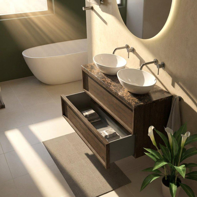 Saniclass Holz Frame Ensemble meuble de salle de bains - 120x45x63cm - plan de toilette en pierre naturelle Noche dark emperador - sans trou de robinet - 2 tiroirs - chêne charcoal mat (bois)
