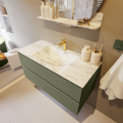 Mondiaz VICA-DLUX Ensemble de meuble de salle de bain - 100cm - meuble sous-vasque armée - 2 tiroirs - lavabo encastré nuage milieu - 1 trou de robinet - version haute de 60cm - glace