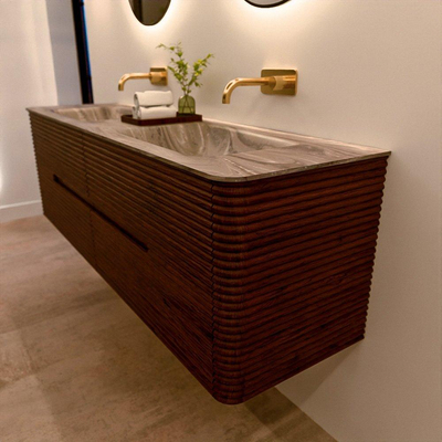 Mondiaz CIRO-DLUX Badkamermeubelset - 160x45x50cm - Solid surface wastafel Sombra - 2 wasbak Dubbel - zonder kraangaten - 4 lades - Ruby