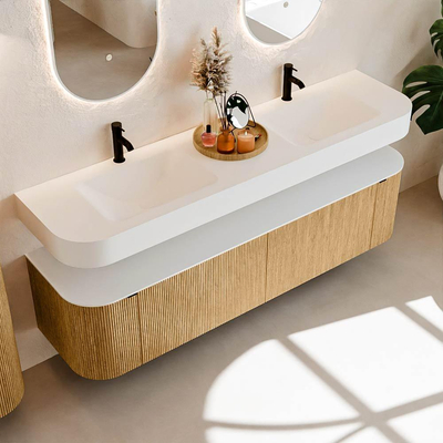 MONDIAZ THOR 180cm meuble de salle de bains arrondi gauche + droite couleur Oak avec 2 tiroirs et 2 portes. Vasque suspendue CLOUD Double 2 trous de robinet couleur Talc.