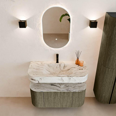 MONDIAZ THOR-DLUX 100cm meuble de salle de bains arrondi gauche + droite couleur Shadow avec 1 tiroir et 2 portes. Vasque suspendue CLOUD Milieu 1 trou de robinet couleur Glace.