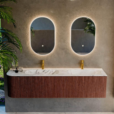 Mondiaz KURVE-DLUX Ensemble de meuble de salle de bains - 175x46x40cm - 2 tiroirs - 1 porte - lavabo solid surface - double / droit - 2 trous de robinet - Ruby