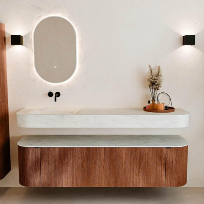 MONDIAZ THOR-DLUX 170cm meuble de salle de bains arrondi gauche + droite couleur Ruby avec 1 tiroir et 2 portes. Vasque suspendue CLOUD Gauche sans trou de robinet couleur Opalo.