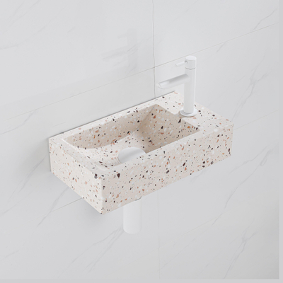 FugaFlow Eccelente Pietra Ensemble de fontaine - 40x22x10cm - trou de robinet à droite - robinet de fontaine mat blanc - bouchon de vidange - siphon abaissé - mat beige