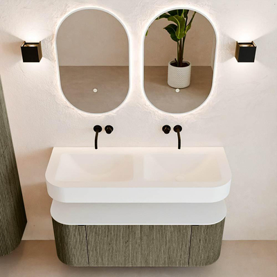 MONDIAZ THOR 120cm meuble de salle de bains arrondi gauche + droite couleur Shadow avec 1 tiroir et 2 portes. Vasque suspendue CLOUD Double sans trou de robinet couleur Talc.
