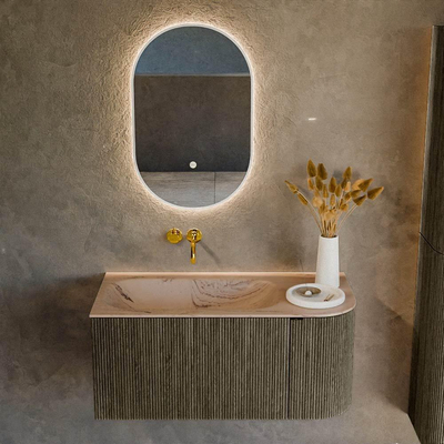 MONDIAZ KURVE-DLUX meuble de salle de bains 95cm arrondi à droite couleur Shadow avec 1 tiroir et 1 porte. Lavabo BIG SMALL à gauche sans trou de robinet Arena.