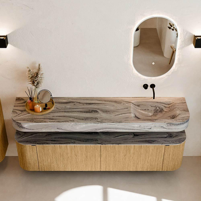 MONDIAZ THOR-DLUX 190cm meuble de salle de bains arrondi gauche + droite couleur Oak avec 2 tiroirs et 2 portes. Vasque suspendue CLOUD droite sans trou de robinet couleur Sombra.