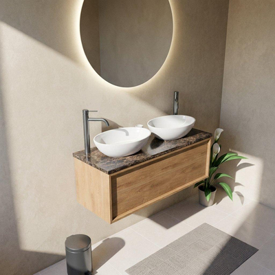 Saniclass Holz Frame Ensemble de meuble de salle de bains - 120x45x43cm - Plan de travail en pierre naturelle Noche dark emperador - 2 trous de robinet - 1 tiroir - chêne natural mat (bois)