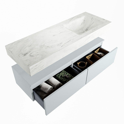 Mondiaz ALAN-DLUX Ensemble de meuble - 130cm - meuble Clay mat - 2 tiroirs - Lavabo Cloud Opalo suspendu - vasque Droite - 0 trous de robinet