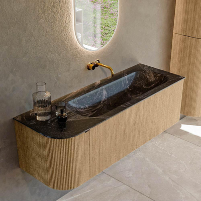 MONDIAZ KURVE-DLUX 135cm badmeubel met module 25 L kleur Oak met 1 lade en 1 deur. Wastafel BIG MEDIUM rechts zonder kraangat kleur Lava.
