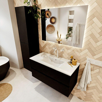 MONDIAZ VICA 100cm meuble sous lavabo Urban 2 tiroirs. Lavabo DENIA milieu 1 trou de robinet, couleur Blanc Brillant.