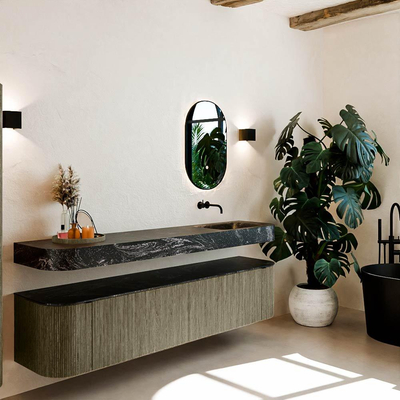 MONDIAZ THOR-DLUX 200cm meuble de salle de bains arrondi gauche + droite couleur Shadow avec 2 tiroirs et 2 portes. Vasque suspendue CLOUD droite sans trou de robinet couleur Lava.