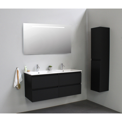 Basic Bella Meuble salle de bains avec lavabo céramique avec miroir et éclairage Blanc 120x55x46cm 2 trous de robinet Noir mat