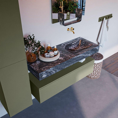 Mondiaz ALAN-DLUX Ensemble de meuble - 120cm - meuble Army mat - 1 tiroir - Lavabo Cloud Lava suspendu - vasque Droite - 0 trous de robinet