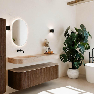 MONDIAZ THOR-DLUX 150cm meuble de salle de bains arrondi gauche + droite couleur Walnut avec 1 tiroir et 2 portes. Vasque suspendue CLOUD Gauche sans trou de robinet couleur Saba.