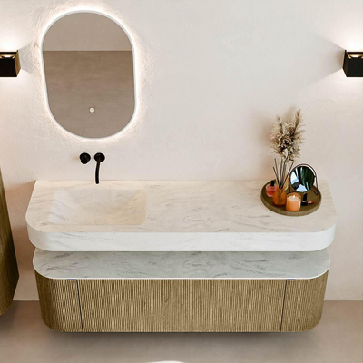 MONDIAZ THOR-DLUX 160cm meuble de salle de bains arrondi gauche + droite couleur Dusk avec 1 tiroir et 2 portes. Vasque suspendue CLOUD gauche sans trou de robinet couleur Opalo.