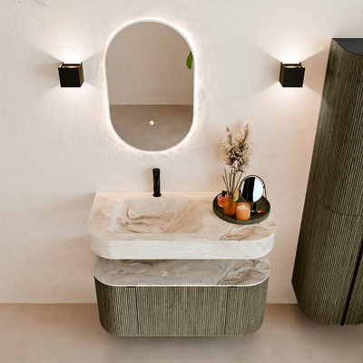 MONDIAZ THOR-DLUX 100cm meuble de salle de bains arrondi gauche + droite couleur Shadow avec 1 tiroir et 2 portes. Vasque suspendue CLOUD gauche 1 trou de robinet couleur Frappe.