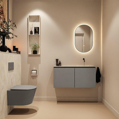 MONDIAZ TURE-DLUX Meuble toilette - 100cm - Smoke - EDEN - vasque Ostra - position droite - sans trou de robinet