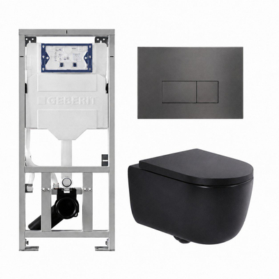 QeramiQ Dely Swirl Ensemble WC- 36.3x51.7cm - Réservoir encastré Geberit UP320 - Abattant de 35mm d'épaisseur - Plaque de commande en gunmetal - Boutons rectangulaires - Noir mat
