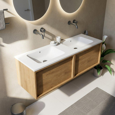 Saniclass Holz Frame Ensemble meuble de salle de bains - 140x45x57.5cm - lavabo Torino en solid surface blanc - sans trou de robinet - 2 tiroirs - chêne natural mat (bois)