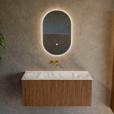 MONDIAZ KURVE-DLUX 100cm Meuble salle de bain - couleur Walnut - 1 tiroir - vasque BIG MEDIUM centre - sans trou de robinet - couleur Glace