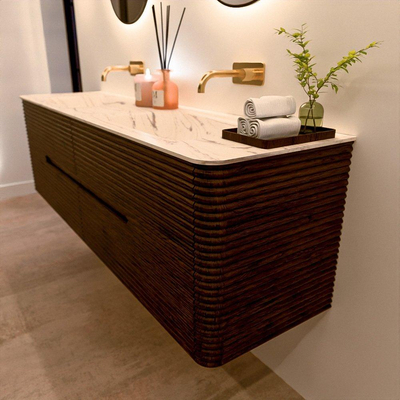 Mondiaz CIRO-DLUX Badkamermeubelset - 170x45x50cm - Solid surface wastafel Nata - 2 wasbak Dubbel - zonder kraangaten - 4 lades - Walnut