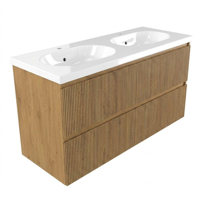 Saniclass Holz Atelier Ensemble meuble de salle de bains - 120x45x63.5cm - lavabo Palermo en céramique blanc - 2 vasques - 2 trous de robinetterie - 2 tiroirs - chêne natural mat (bois)