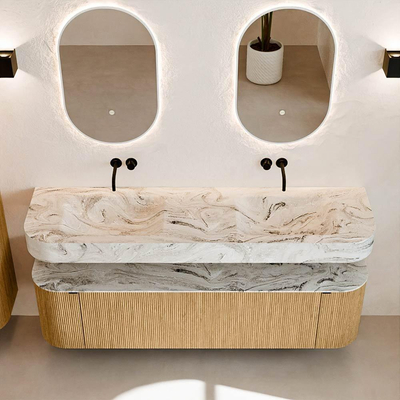 MONDIAZ THOR-DLUX 170cm badmeubel ronding links + rechts kleur Oak met 1 lade en 2 deuren. Vrijhangende wastafel CLOUD Dubbel zonder kraangat kleur Glace.