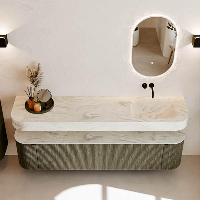 MONDIAZ THOR-DLUX 190cm meuble de salle de bains arrondi gauche + droite couleur Shadow avec 2 tiroirs et 2 portes. Vasque suspendue CLOUD droite sans trou de robinet couleur Ostra.