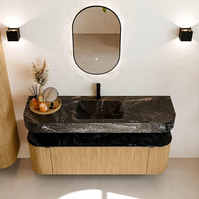 MONDIAZ THOR-DLUX 150cm meuble de salle de bains arrondi gauche + droite couleur Oak avec 1 tiroir et 2 portes. Vasque suspendue CLOUD Milieu 1 trou de robinet couleur Lava.