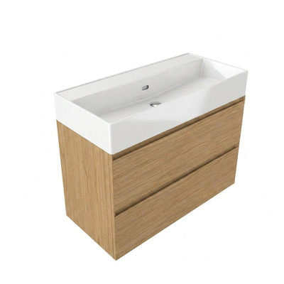 Saniclass Holz Pure Ensemble de meubles de salle de bains - 100x45x72cm - lavabo Legend en céramique blanc - 1 vasque - sans trou de robinetterie - 2 tiroirs - chêne naturel mat (bois)
