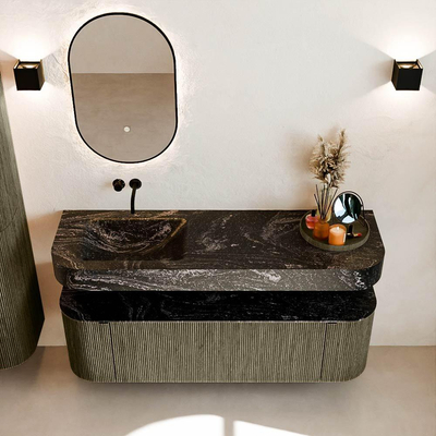 MONDIAZ THOR-DLUX 150cm meuble de salle de bains arrondi gauche + droite couleur Shadow avec 1 tiroir et 2 portes. Vasque suspendue CLOUD Gauche sans trou de robinet couleur Lava.