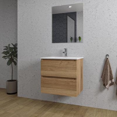 Saniclass Chaci Ensemble meuble de salle de bains - 60x46x55cm - lavabo en céramique blanc - 1 vasque - 1 trou de robinetterie - 2 tiroirs - miroir rectangulaire - chêne