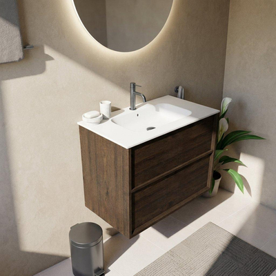 Saniclass Holz Frame Ensemble de meubles de salle de bains - 80x45x61.5cm - Flow lavabo en Solid Surface blanc - 1 vasque - 1 trou de robinetterie - 2 tiroirs - chêne charcoal mat (bois)