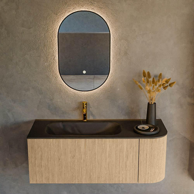 MONDIAZ KURVE 115cm Meuble salle de bain avec module 25 D - couleur Oak - 1 tiroir - 1 porte - vasque BIG SMALL gauche - 1 trou de robinet - Urban