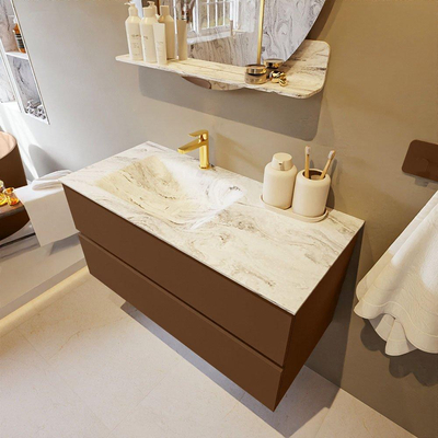 Mondiaz VICA-DLUX Ensemble de meuble de salle de bain - 100cm - meuble sous-vasque reposant - 2 tiroirs - lavabo encastrée cloud gauche - 1 trou de robinet - version haute de 60cm - glace