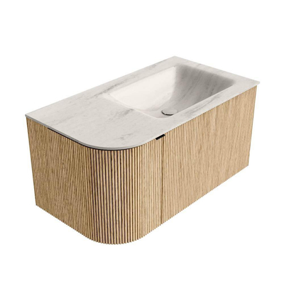 MONDIAZ KURVE-DLUX 85cm badmeubel ronding Links kleur Oak met 1 lade en 1 deur. Wastafel CLOUD Rechts 1 kraangat Meli.