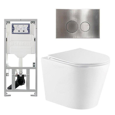 QeramiQ Dely Pack WC cuvette sans bride 36.3x51.7cm avec bâti-support Geberit UP320 abattant WC blanc mat frein de chute et plaque de commande Steel boutons Ronds