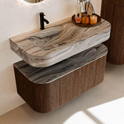 MONDIAZ THOR-DLUX 100cm meuble de salle de bains arrondi gauche + droite couleur Walnut avec 1 tiroir et 2 portes. Vasque suspendue CLOUD Gauche 1 trou de robinet couleur Sombra.