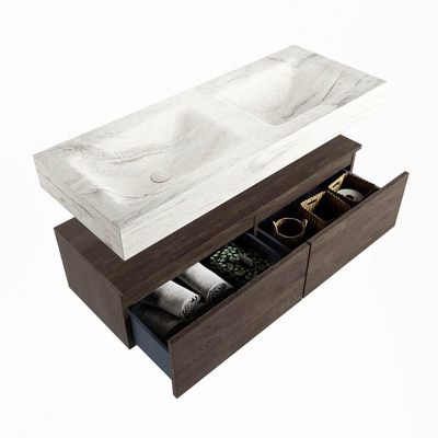 Mondiaz ALAN-DLUX Ensemble de meuble de salle de bain - 130x46cm - 2 tiroirs - vasque suspendue - 2 trous de robinetterie - 2 doubles - Dark Brown (chêne foncé)