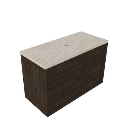 Saniclass Holz Frame Ensemble de meubles de salle de bains - 100x45x63cm - Plan de travail en pierre naturelle travertin - sans trou de robinetterie - 2 tiroirs - chêne charcoal mat (bois)