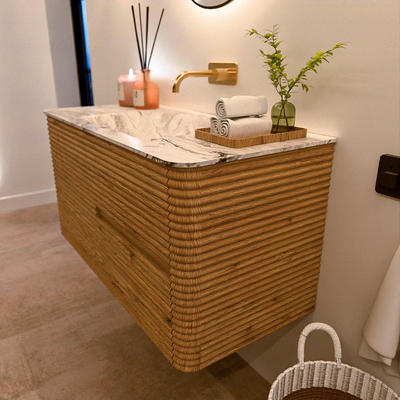 Mondiaz CIRO-DLUX Badkamermeubelset - 100x45x50cm - Solid surface wastafel Glace - 1 wasbak Midden - zonder kraangaten - 2 lades - Oak
