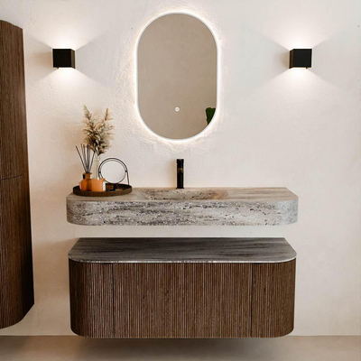 MONDIAZ THOR-DLUX 120cm badmeubel ronding links + rechts kleur Walnut met 1 lade en 2 deuren. Vrijhangende wastafel CLOUD Midden 1 kraangat kleur Oza.